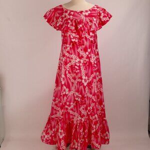 🌺 Vtg Pink Floral Hawaiian Handmade Ruffled Caftan Maxi Dress MuuMuu Resort L